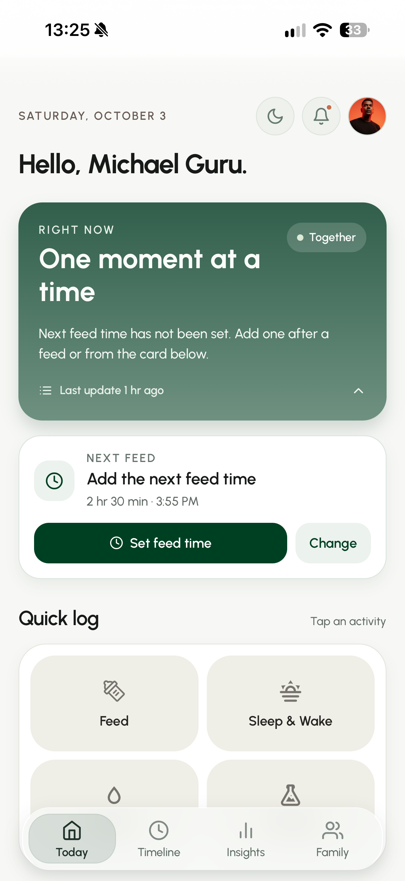 Leah Today screen showing Right Now, next feed time, Quick Log, and bottom navigation