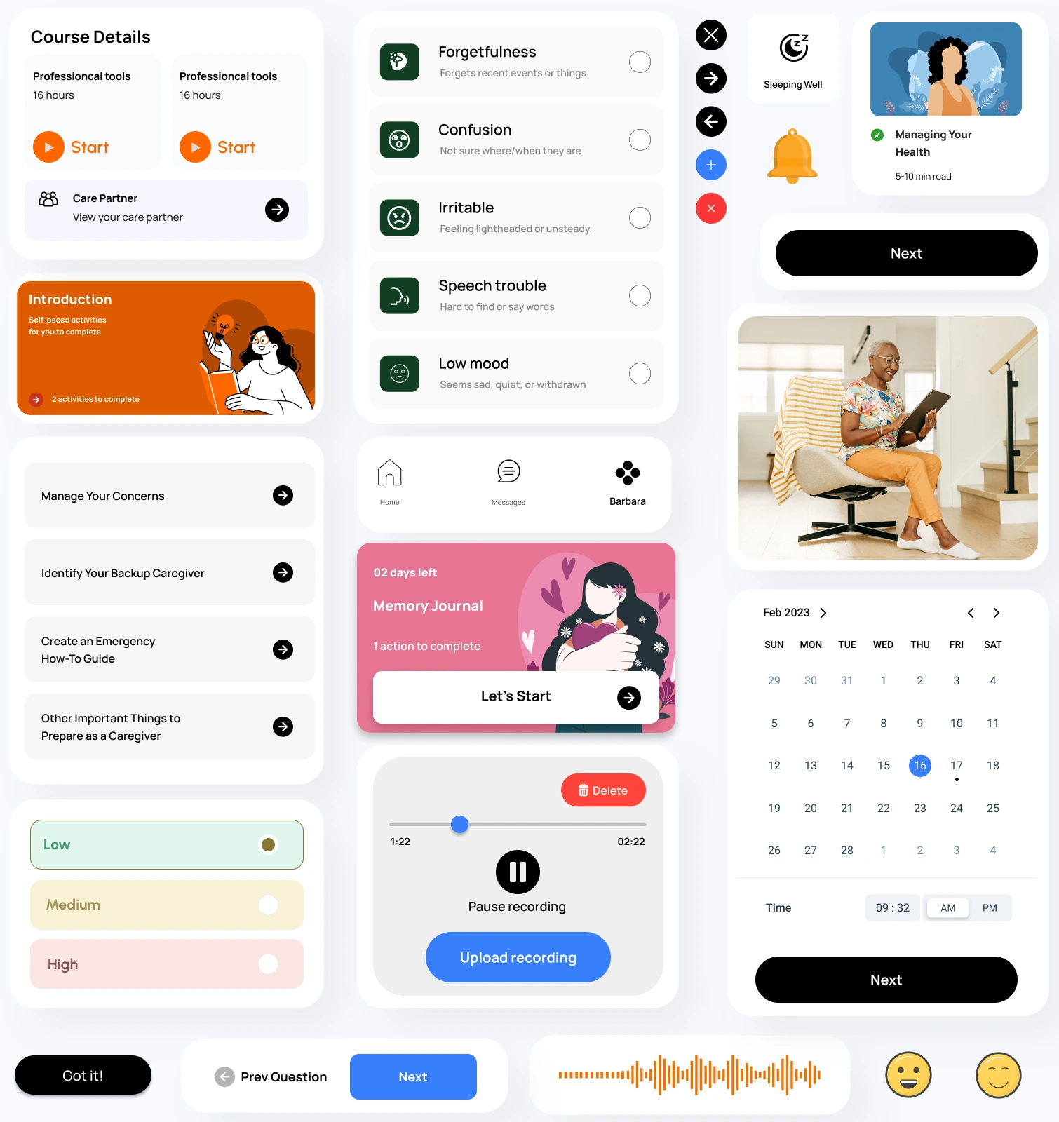 Neuroglee component library including activity cards, symptom choices, scheduling, recording controls, and severity states