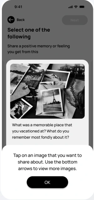 Guided photo selection overlay explaining how to choose a memory prompt